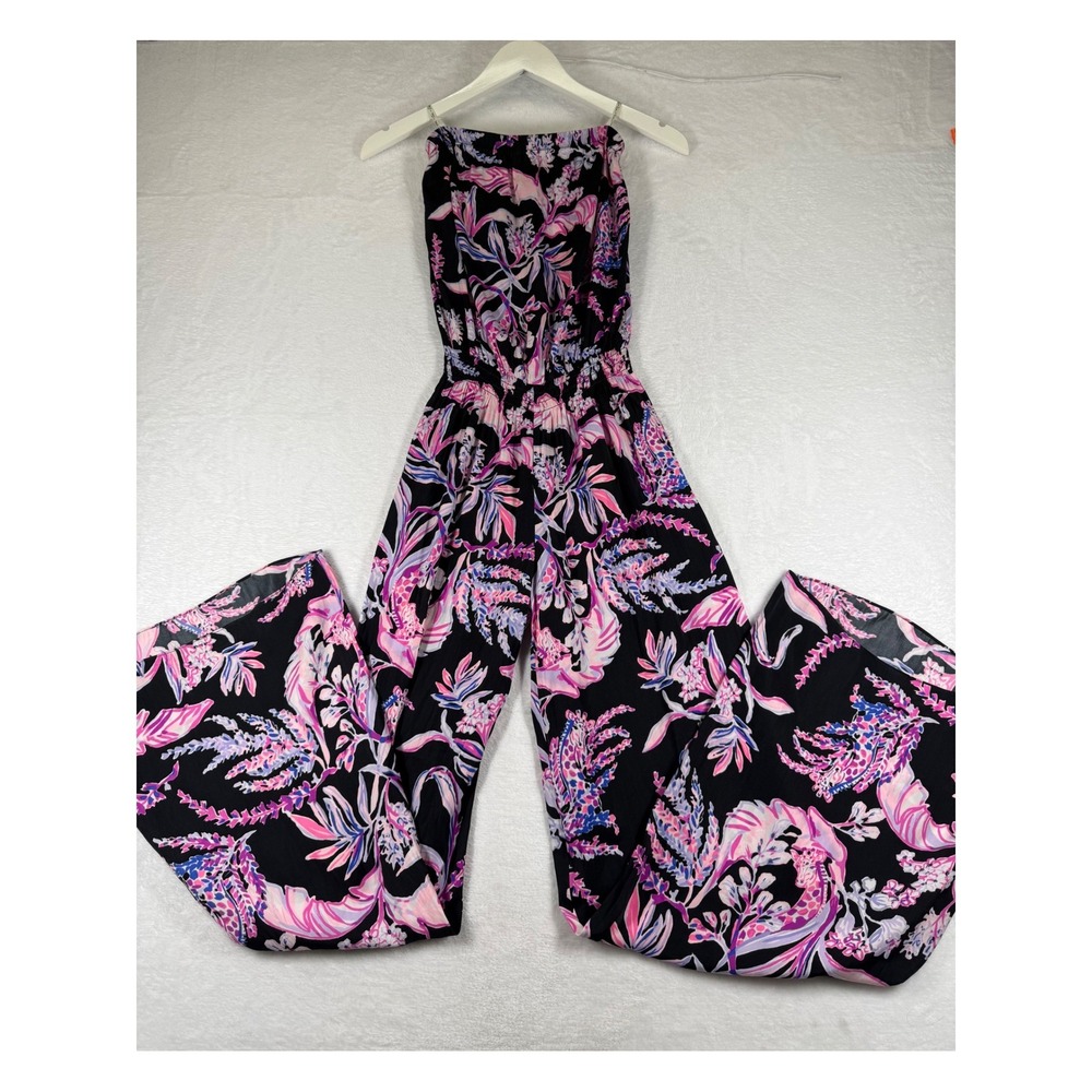 Lilly Pulitzer XXS Strapless Wide Leg Jumpsuit Black Pink Tropical Floral Resort